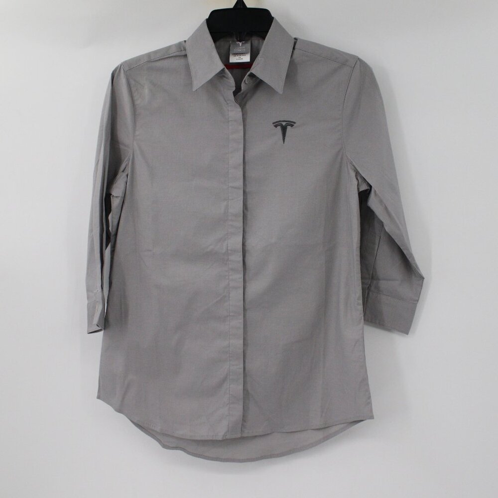 Tesla Shirt Womens XS Button Up 3/4 Sleeve‎ Embroidered Logo Gray solid preppy